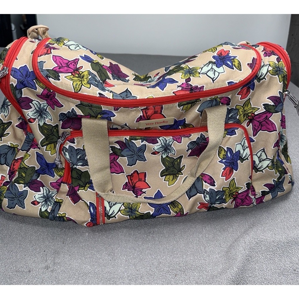 Vera Bradley Grand Traveler Weekender Duffel Floral Beige Red Travel Bag Large